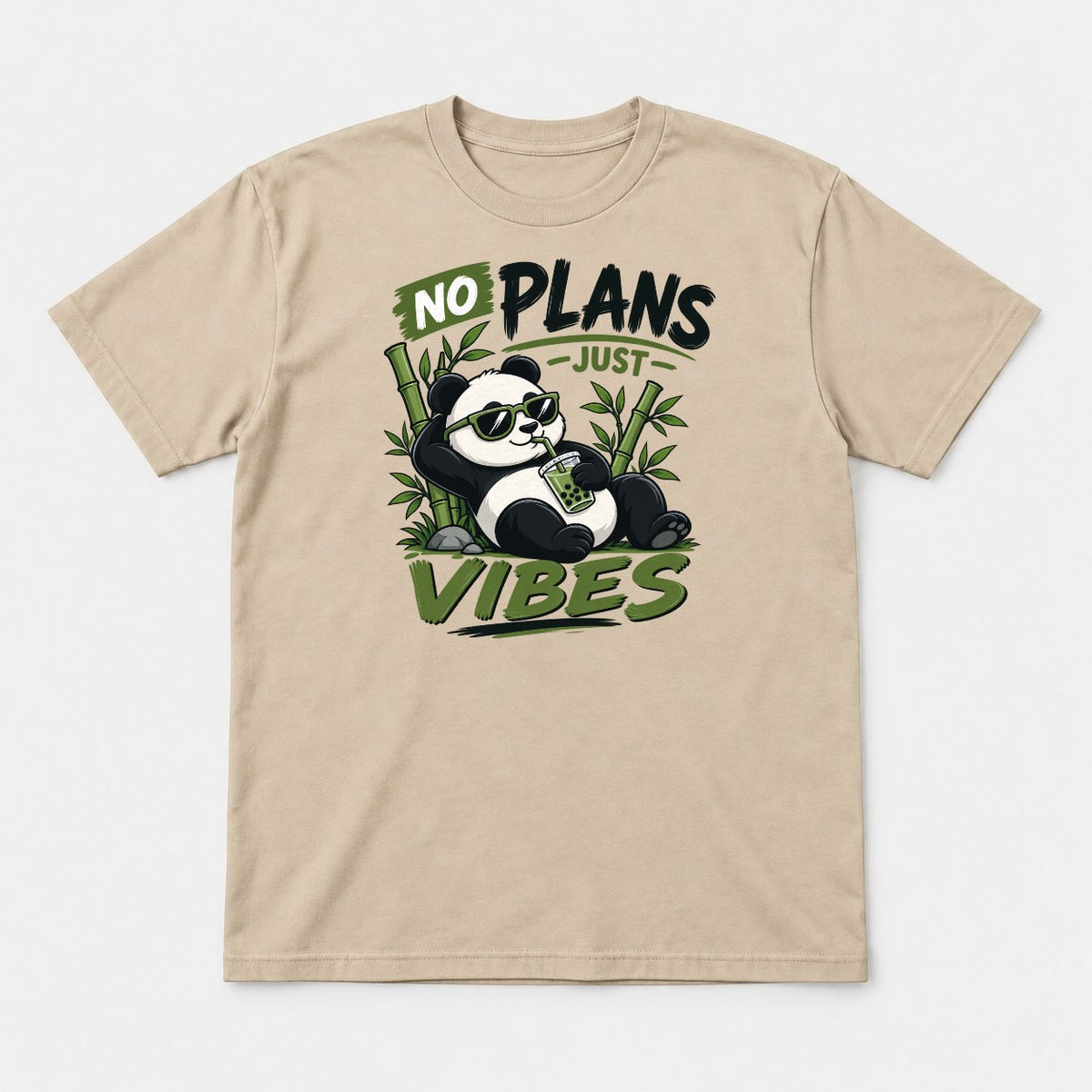 No Plans Just Vibes Relaxed Panda Bubble Tea Graphic T-Shirt & Sweatshirt - Tshirt Sand Front