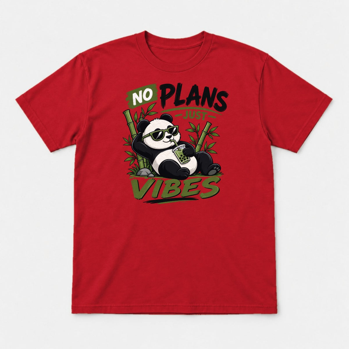 No Plans Just Vibes Relaxed Panda Bubble Tea Graphic T-Shirt & Sweatshirt - Tshirt Red Front