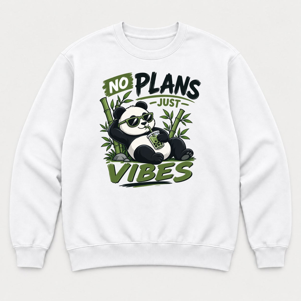 No Plans Just Vibes Relaxed Panda Bubble Tea Graphic T-Shirt & Sweatshirt - Sweatshirt White Front