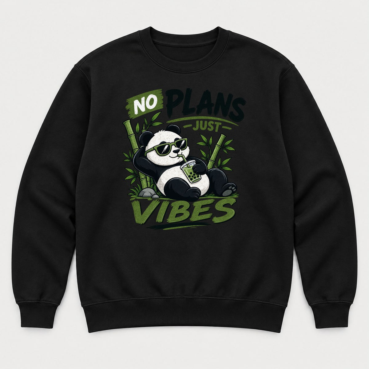 No Plans Just Vibes Relaxed Panda Bubble Tea Graphic T-Shirt & Sweatshirt - Sweatshirt Black Front