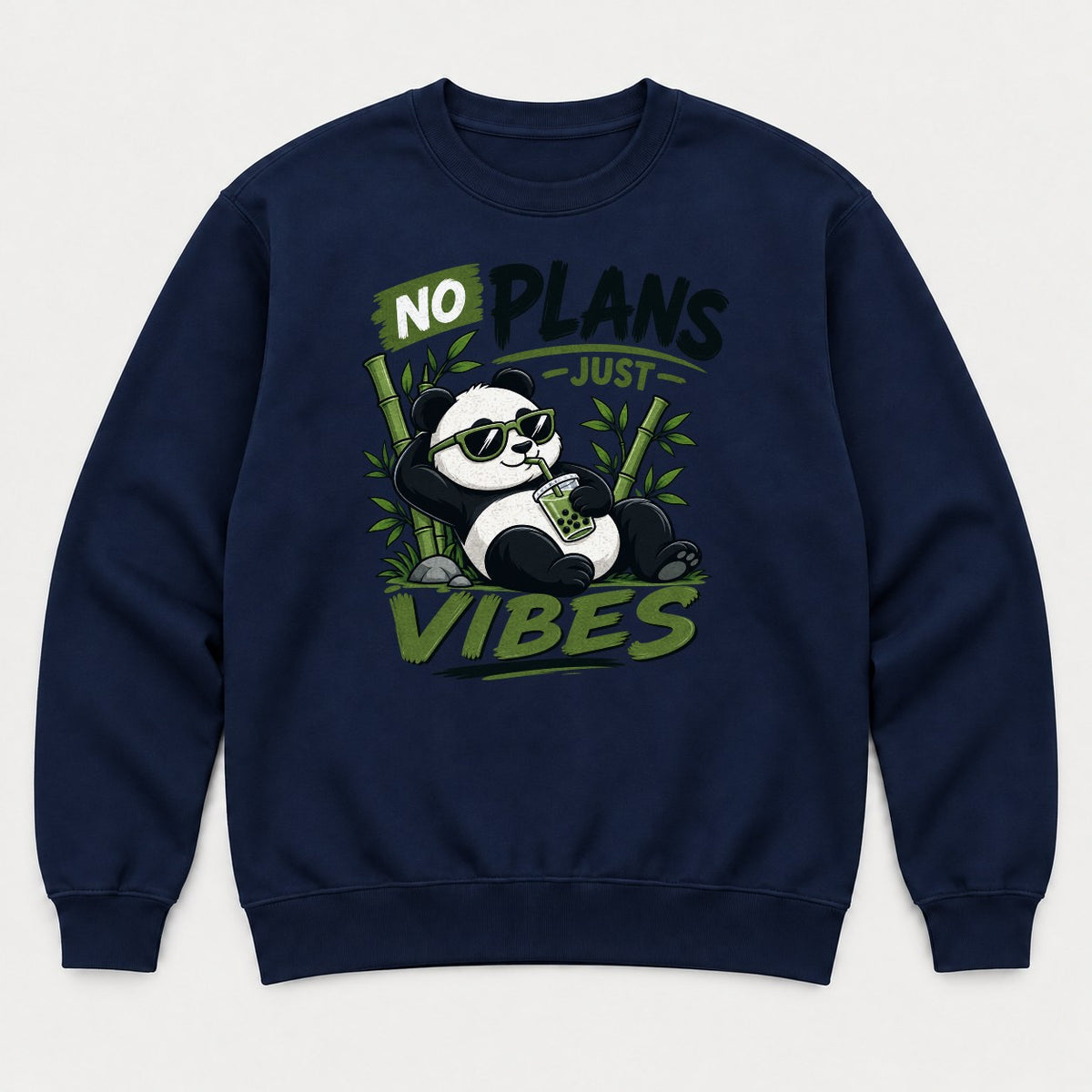No Plans Just Vibes Relaxed Panda Bubble Tea Graphic T-Shirt & Sweatshirt - Sweatshirt Navy Front