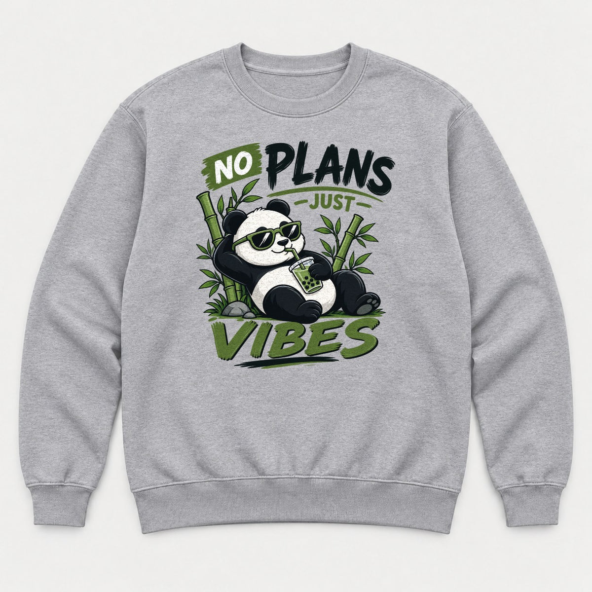 No Plans Just Vibes Relaxed Panda Bubble Tea Graphic T-Shirt & Sweatshirt - Sweatshirt Sport Grey Front