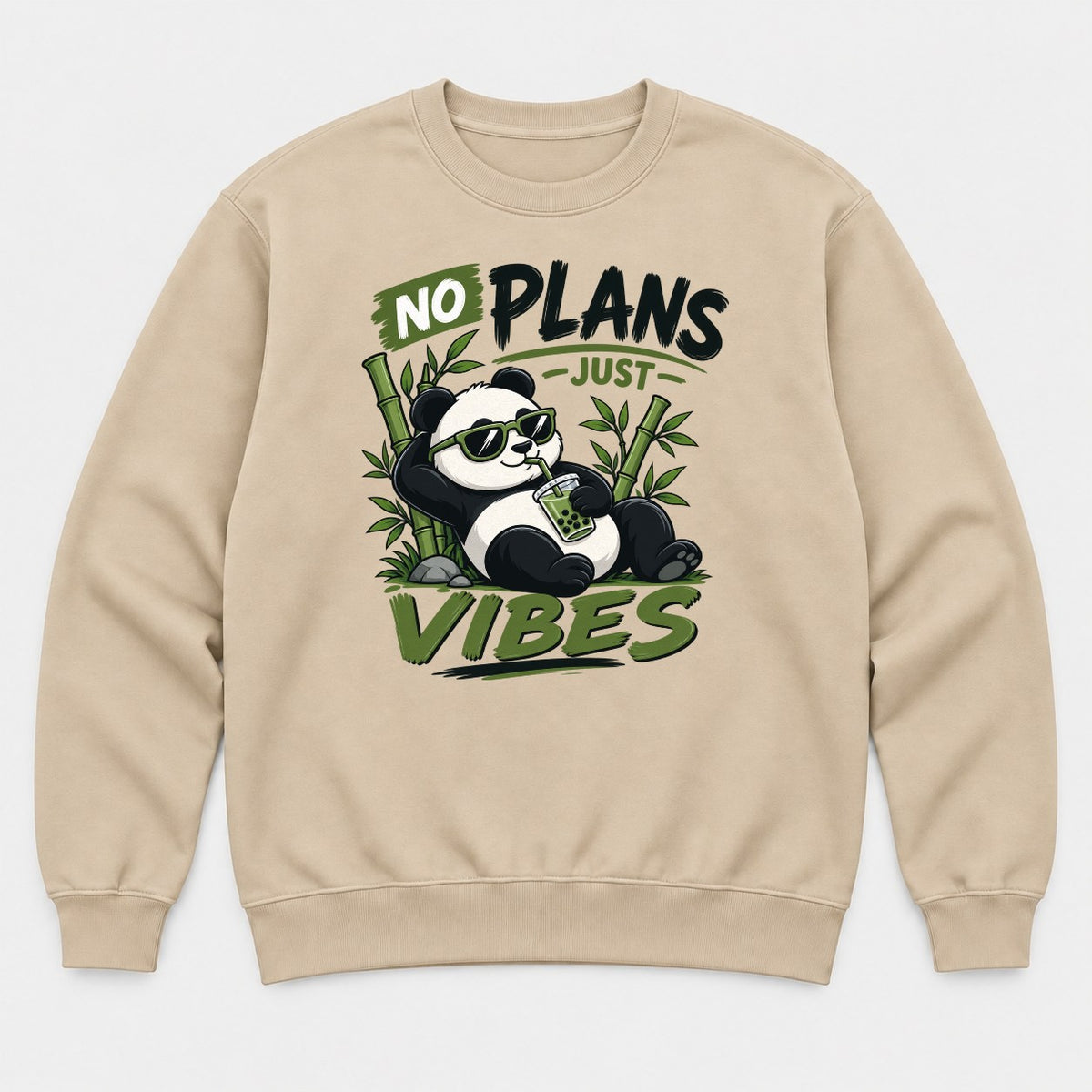 No Plans Just Vibes Relaxed Panda Bubble Tea Graphic T-Shirt & Sweatshirt - Sweatshirt Sand Front