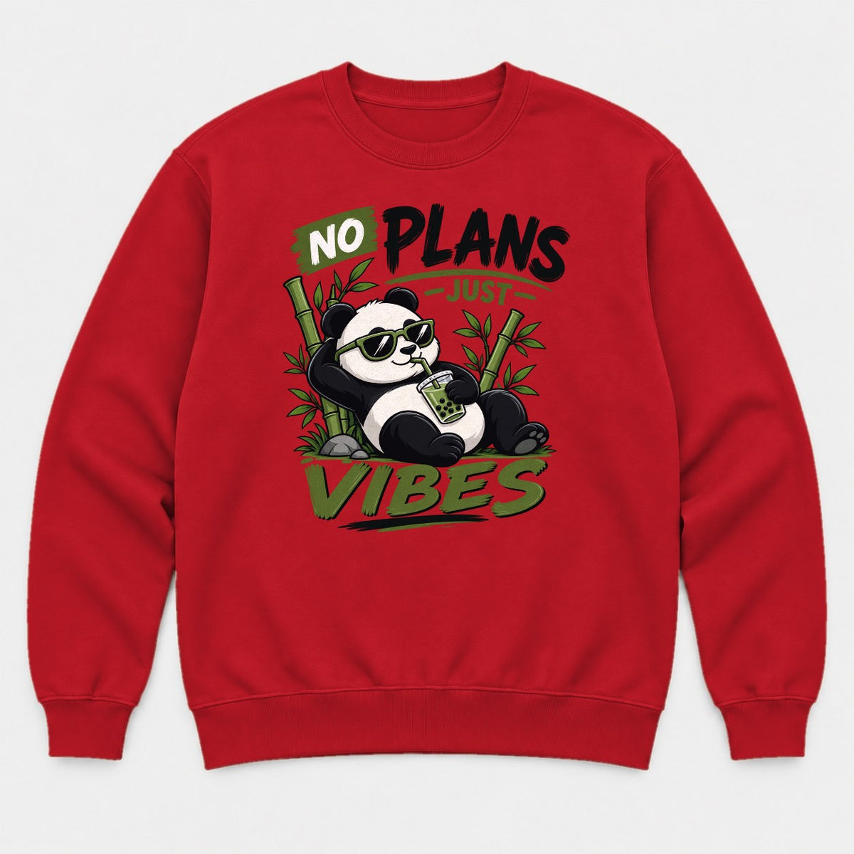 No Plans Just Vibes Relaxed Panda Bubble Tea Graphic T-Shirt & Sweatshirt - Sweatshirt Red Front