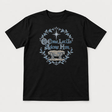 O Come, Let Us Adore Him Nativity Manger Christmas Graphic T-Shirt & Sweatshirt - Tshirt Black Front