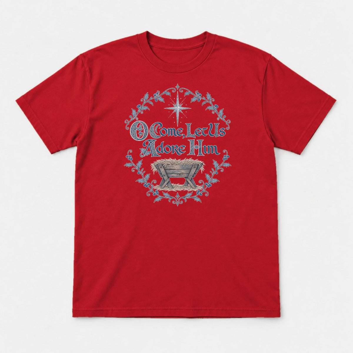 O Come, Let Us Adore Him Nativity Manger Christmas Graphic T-Shirt & Sweatshirt - Tshirt Red Front