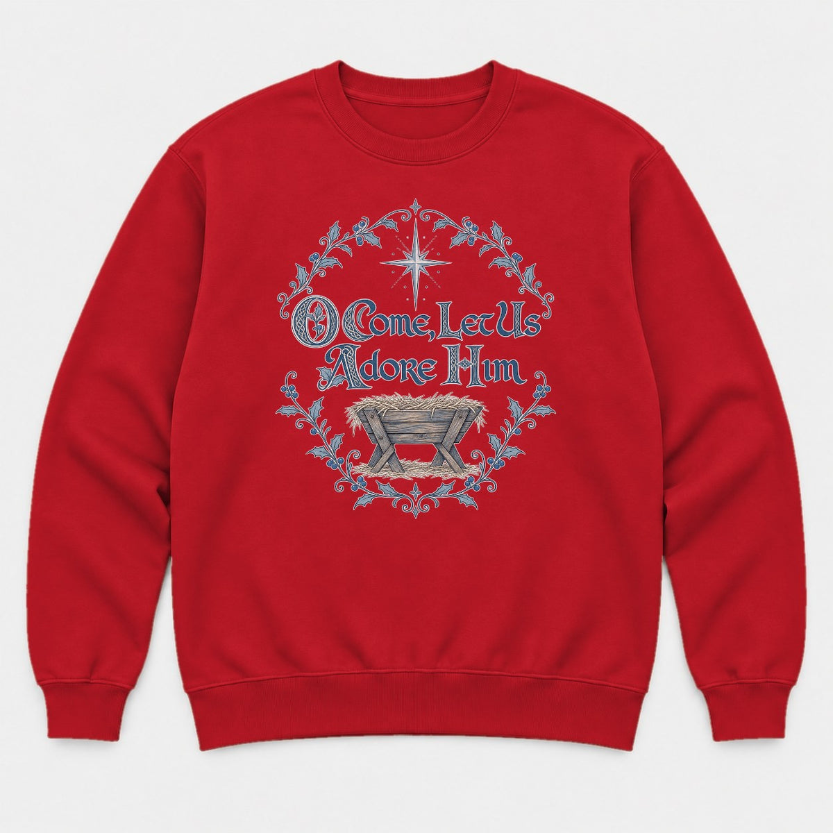 O Come, Let Us Adore Him Nativity Manger Christmas Graphic T-Shirt & Sweatshirt - Sweatshirt Red Front