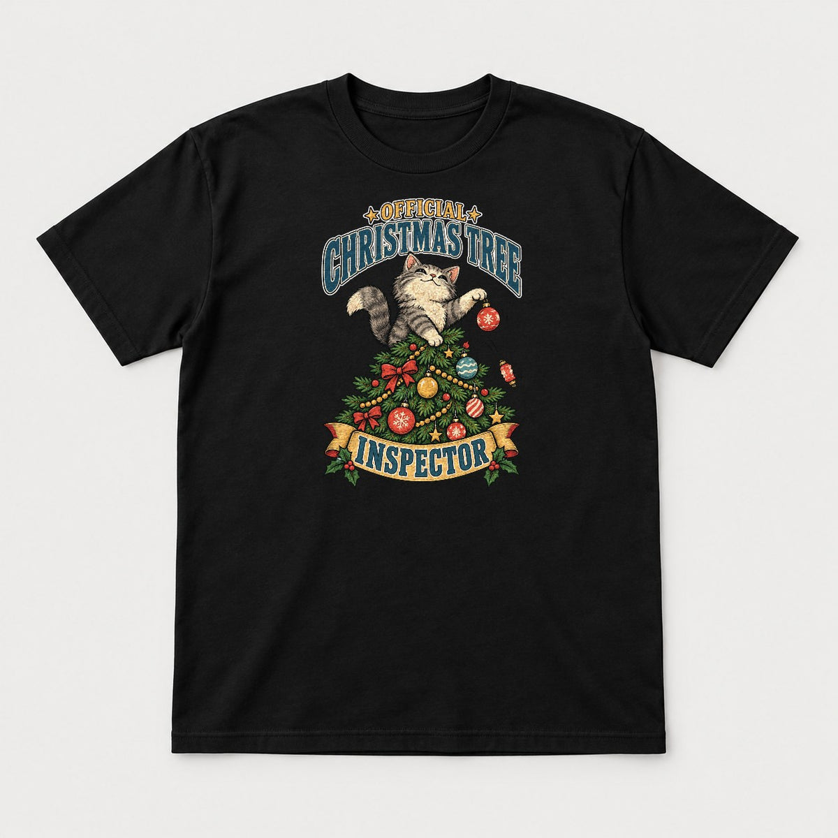 Official Christmas Tree Inspector Cat Graphic T-Shirt & Sweatshirt - Tshirt Black Front