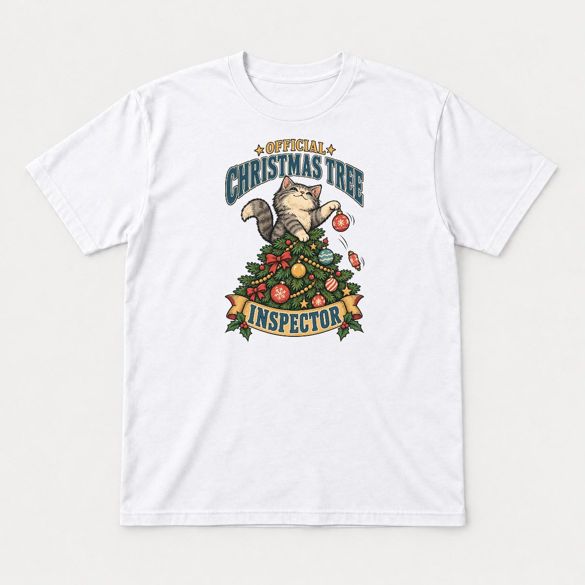 Official Christmas Tree Inspector Cat Graphic T-Shirt & Sweatshirt - Tshirt White Front