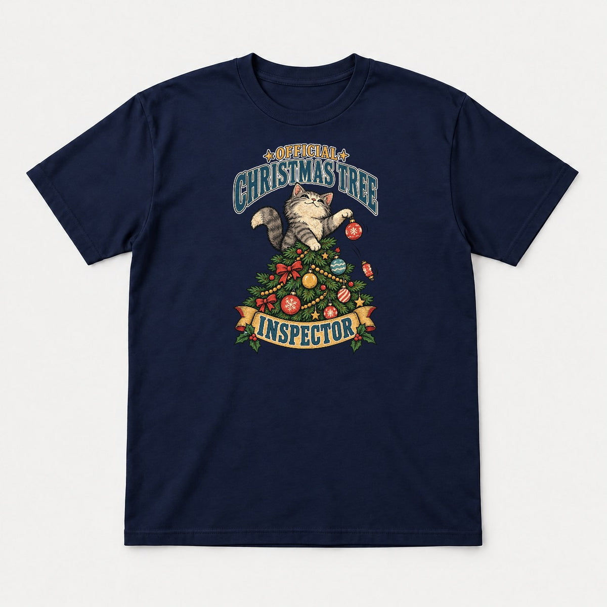 Official Christmas Tree Inspector Cat Graphic T-Shirt & Sweatshirt - Tshirt Navy Front