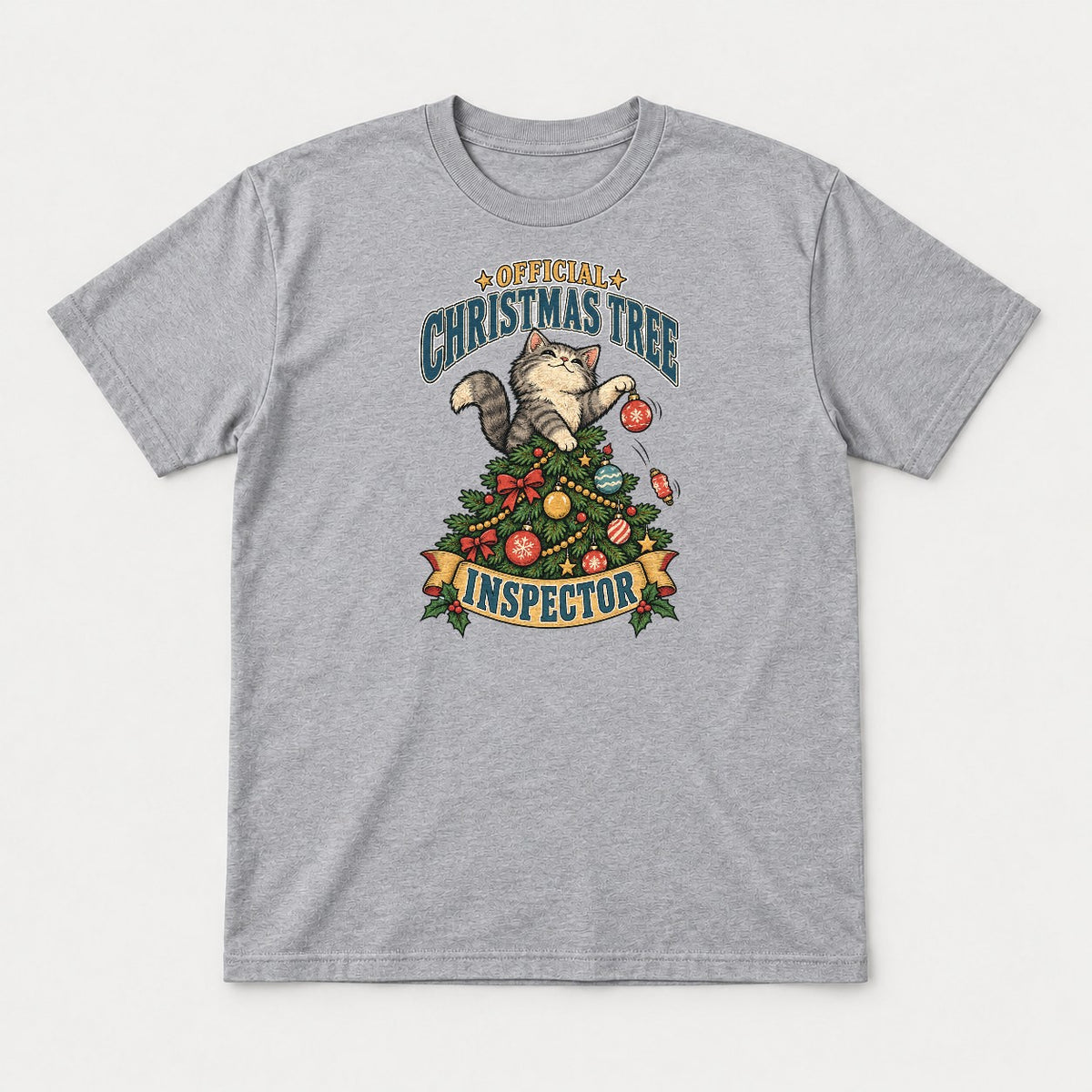 Official Christmas Tree Inspector Cat Graphic T-Shirt & Sweatshirt - Tshirt Sport Grey Front