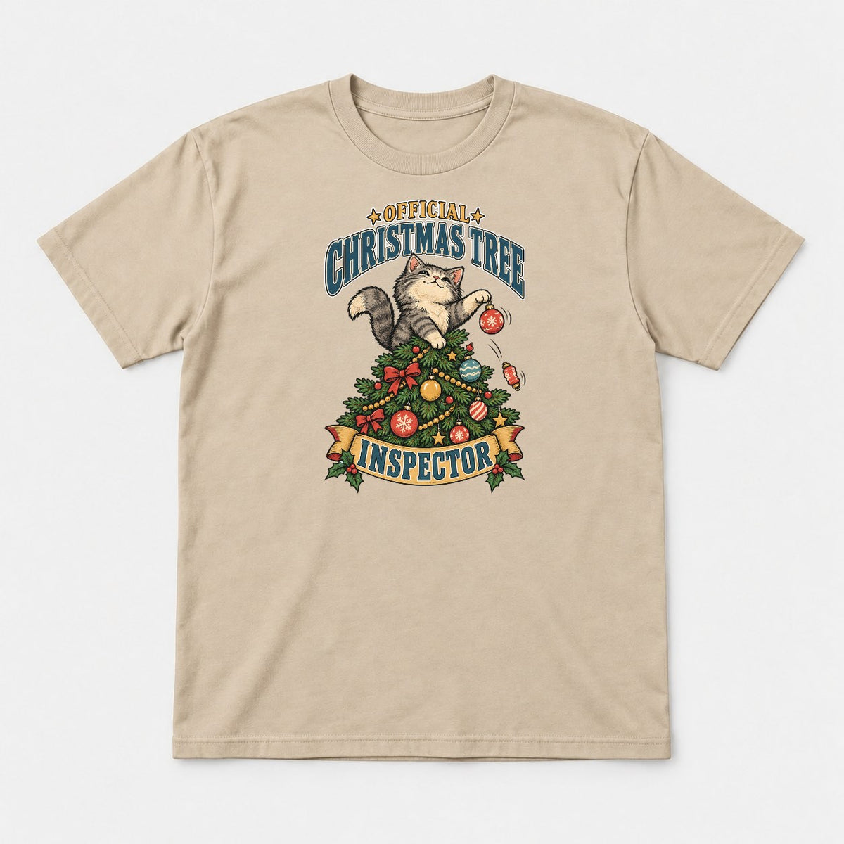 Official Christmas Tree Inspector Cat Graphic T-Shirt & Sweatshirt - Tshirt Sand Front