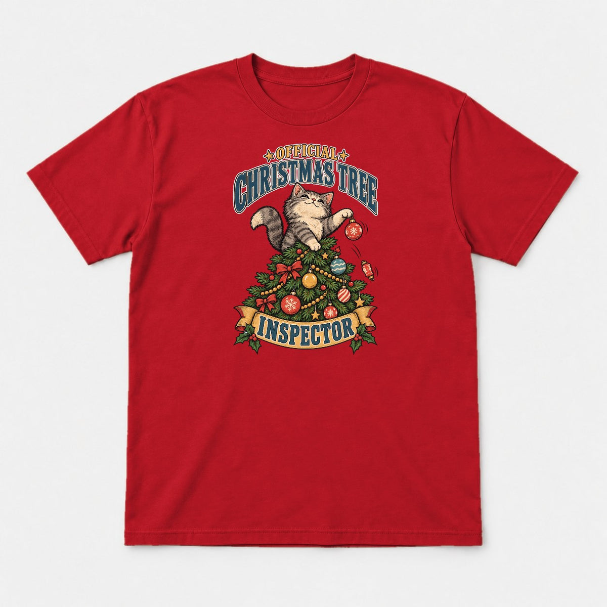Official Christmas Tree Inspector Cat Graphic T-Shirt & Sweatshirt - Tshirt Red Front