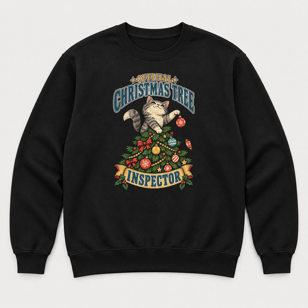 Official Christmas Tree Inspector Cat Graphic T-Shirt & Sweatshirt - Sweatshirt Black Front