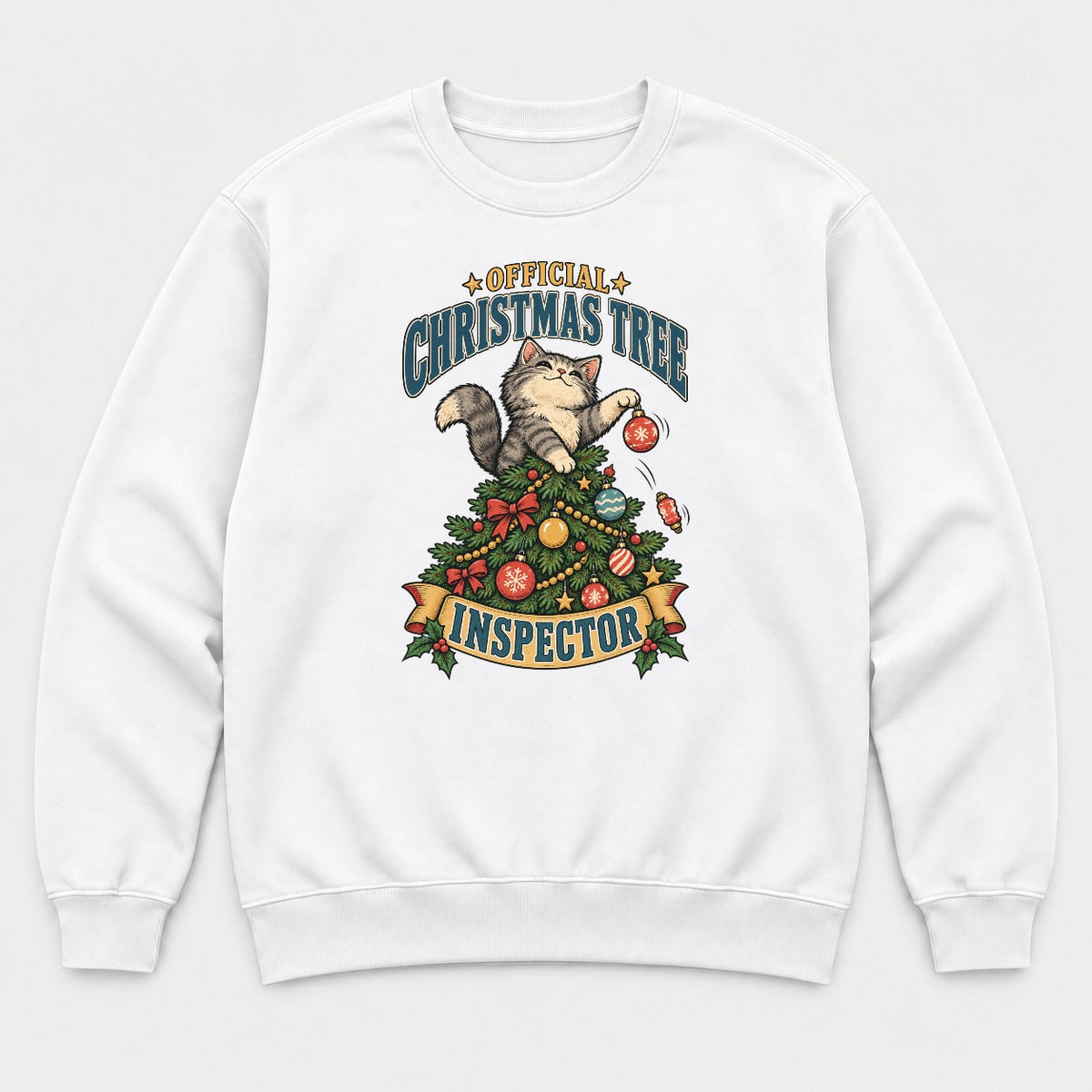 Official Christmas Tree Inspector Cat Graphic T-Shirt & Sweatshirt - Sweatshirt White Front