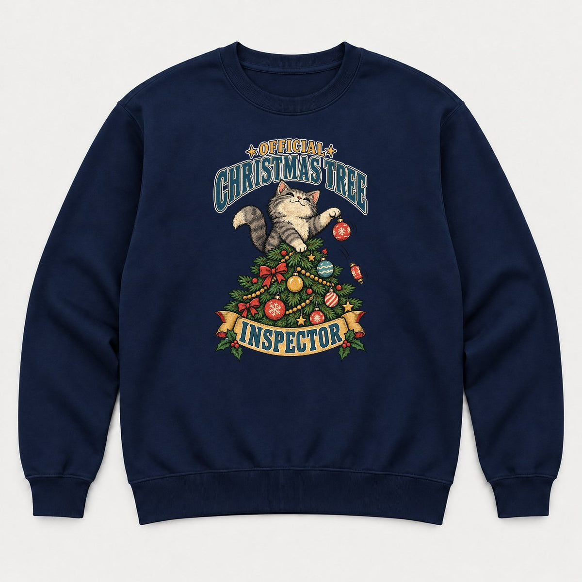 Official Christmas Tree Inspector Cat Graphic T-Shirt & Sweatshirt - Sweatshirt Navy Front