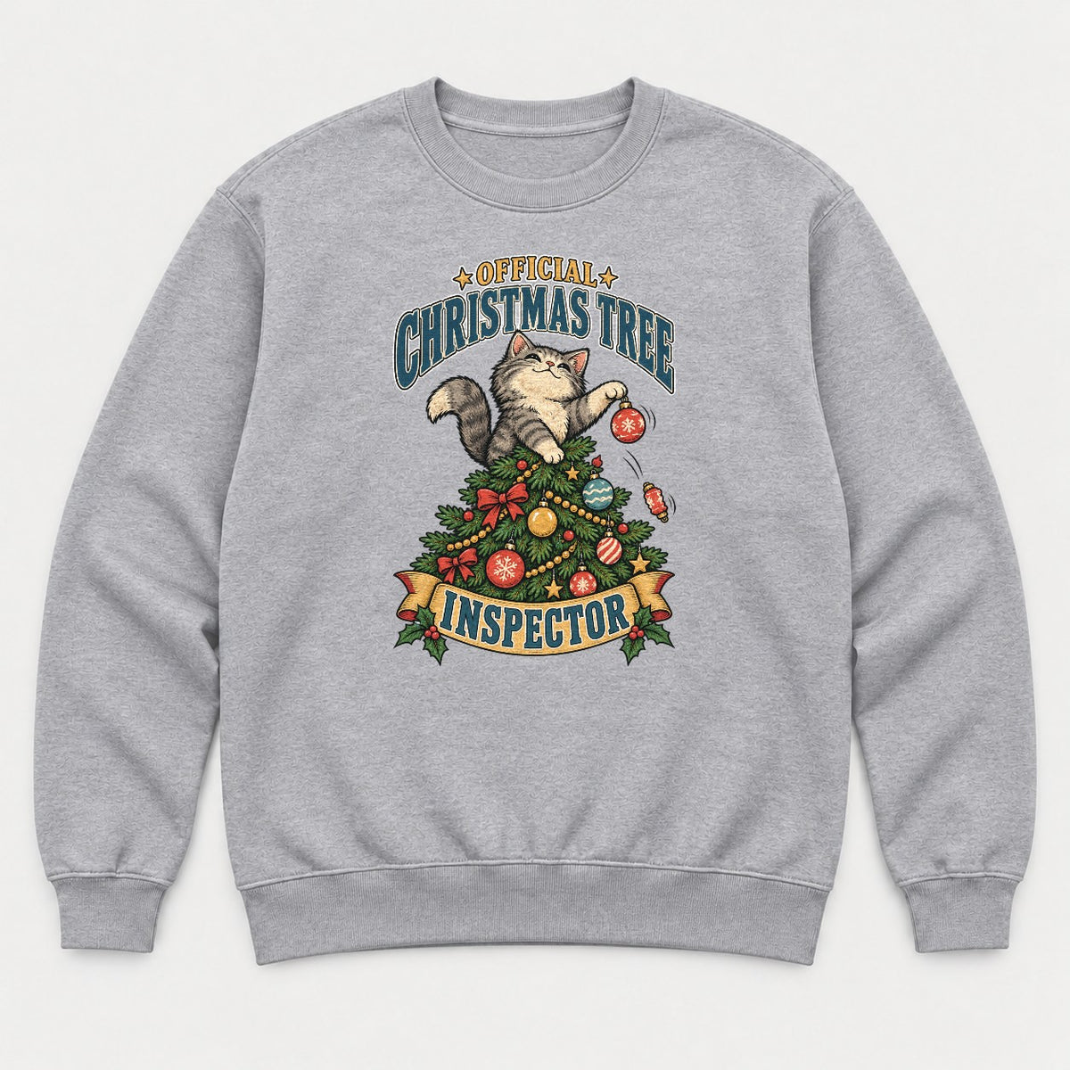 Official Christmas Tree Inspector Cat Graphic T-Shirt & Sweatshirt - Sweatshirt Sport Grey Front