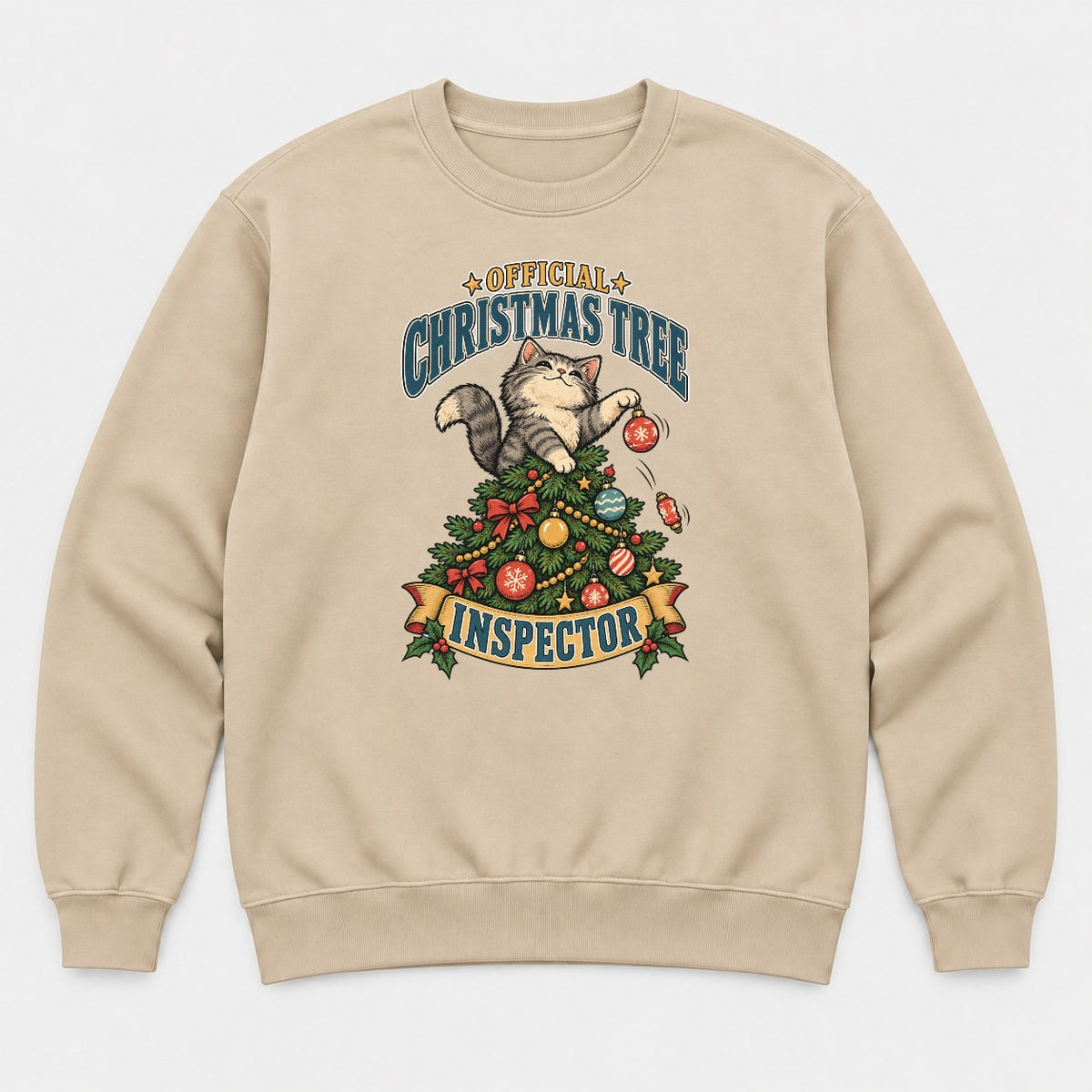 Official Christmas Tree Inspector Cat Graphic T-Shirt & Sweatshirt - Sweatshirt Sand Front