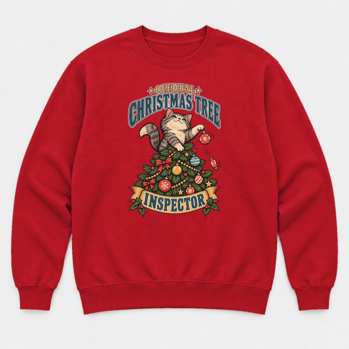 Official Christmas Tree Inspector Cat Graphic T-Shirt & Sweatshirt - Sweatshirt Red Front
