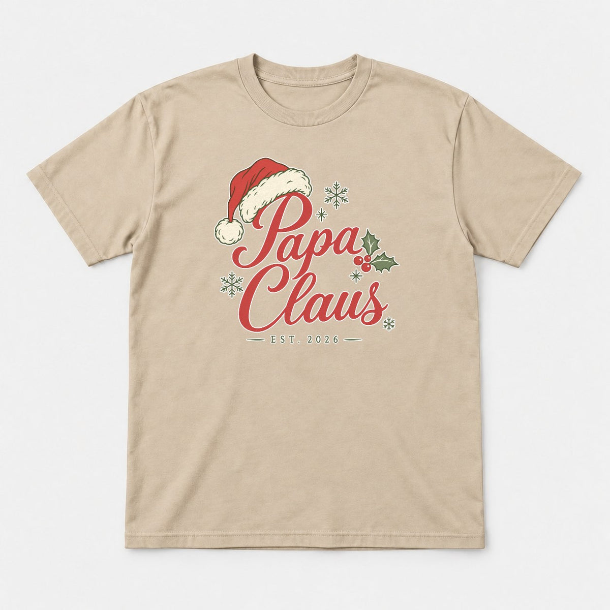 Papa Claus Est. 2026 Santa Hat Christmas Graphic T-Shirt & Sweatshirt - Tshirt Sand Front