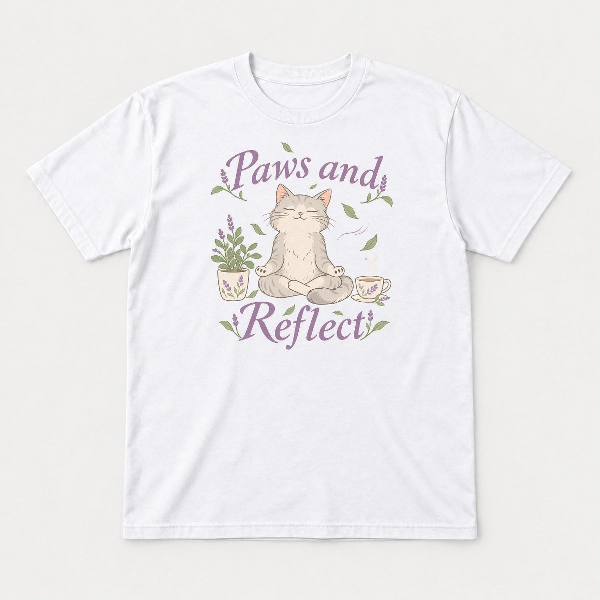 Paws and Reflect Meditating Cat Lavender Graphic T-Shirt & Sweatshirt - Tshirt White Front