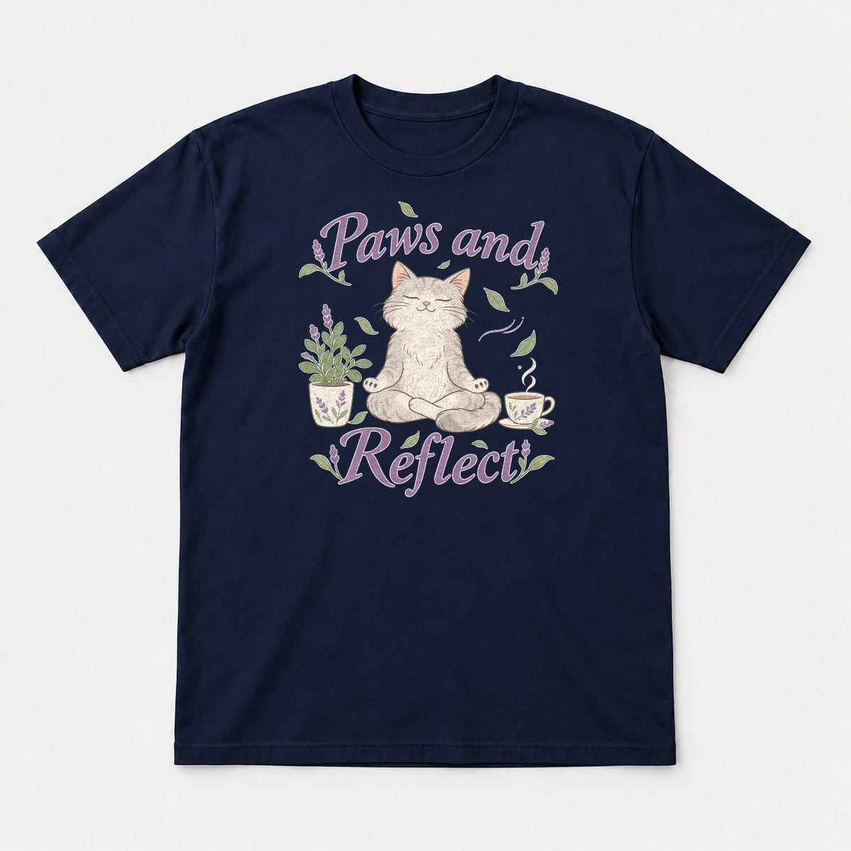 Paws and Reflect Meditating Cat Lavender Graphic T-Shirt & Sweatshirt - Tshirt Navy Front