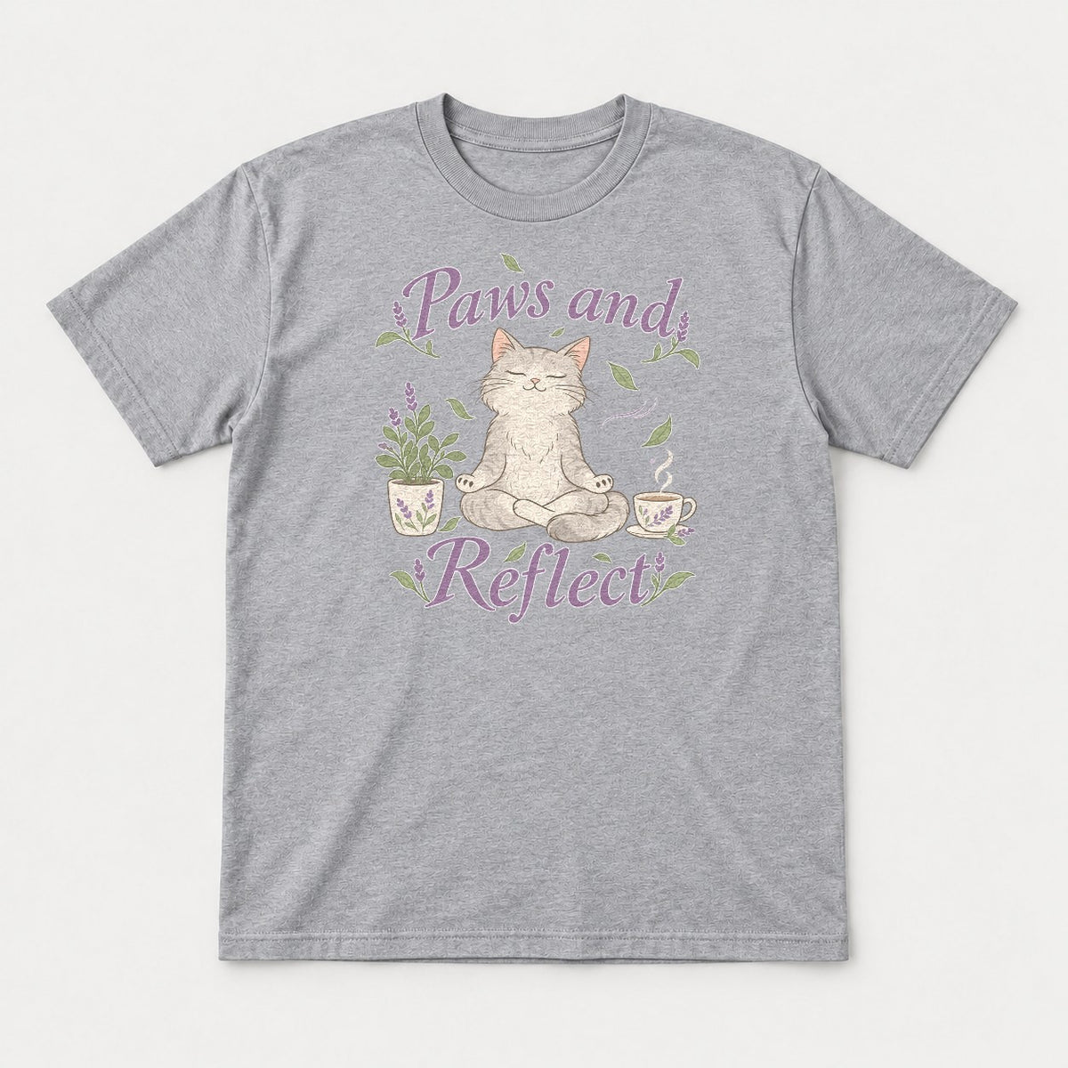 Paws and Reflect Meditating Cat Lavender Graphic T-Shirt & Sweatshirt - Tshirt Sport Grey Front