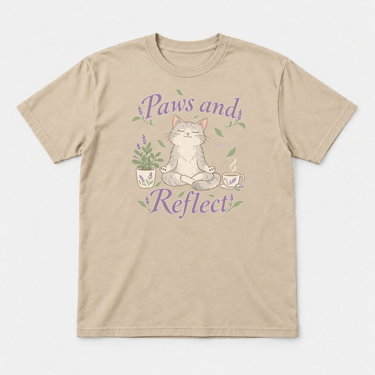 Paws and Reflect Meditating Cat Lavender Graphic T-Shirt & Sweatshirt - Tshirt Sand Front