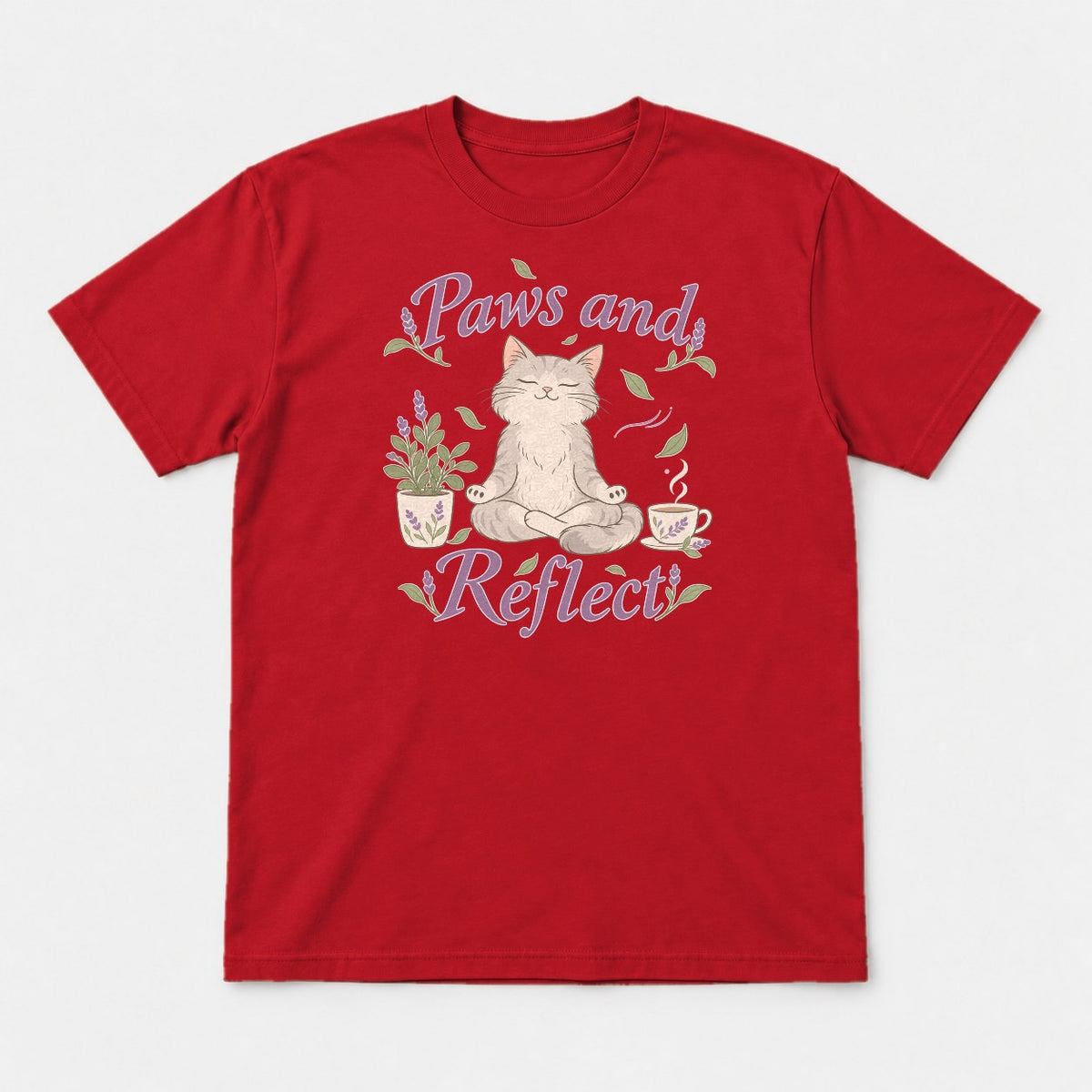 Paws and Reflect Meditating Cat Lavender Graphic T-Shirt & Sweatshirt - Tshirt Red Front