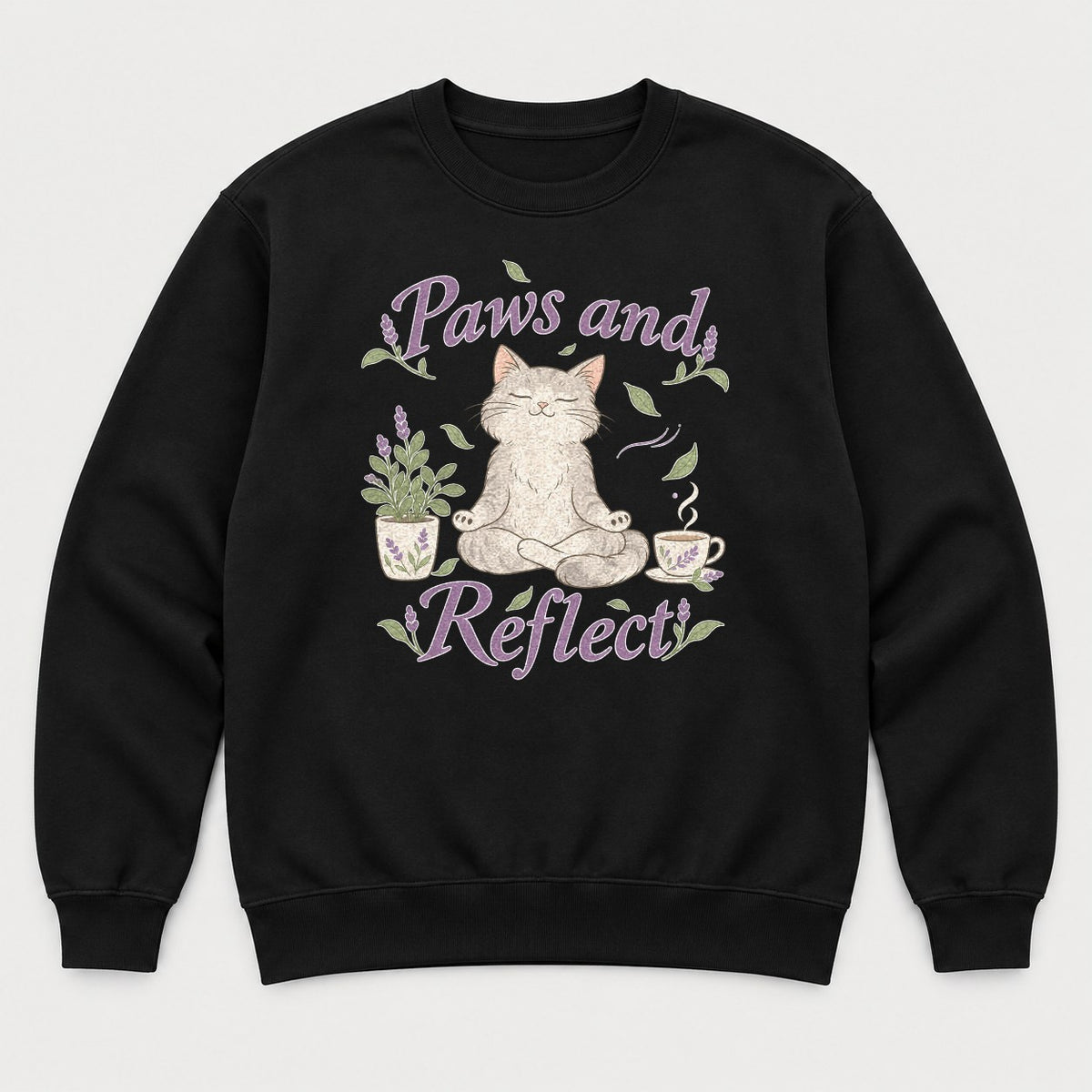Paws and Reflect Meditating Cat Lavender Graphic T-Shirt & Sweatshirt - Sweatshirt Black Front