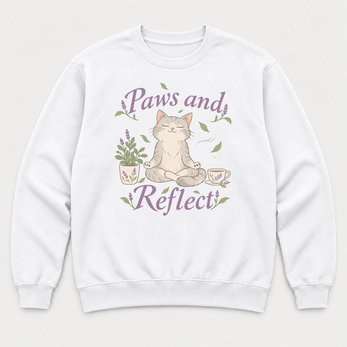 Paws and Reflect Meditating Cat Lavender Graphic T-Shirt & Sweatshirt - Sweatshirt White Front