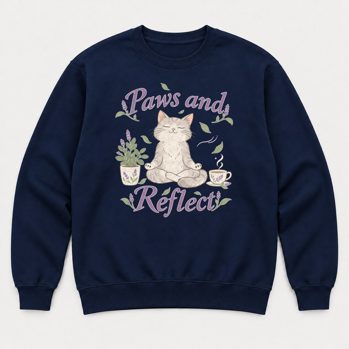 Paws and Reflect Meditating Cat Lavender Graphic T-Shirt & Sweatshirt - Sweatshirt Navy Front