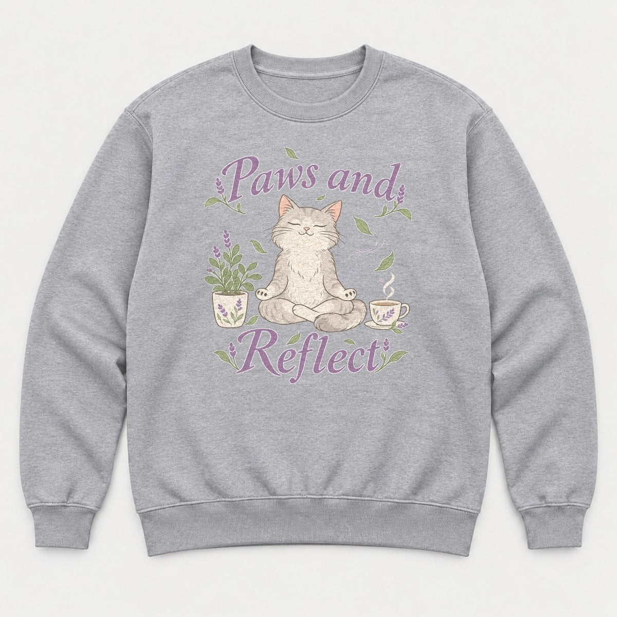 Paws and Reflect Meditating Cat Lavender Graphic T-Shirt & Sweatshirt - Sweatshirt Sport Grey Front