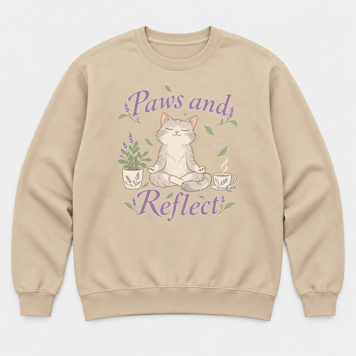 Paws and Reflect Meditating Cat Lavender Graphic T-Shirt & Sweatshirt - Sweatshirt Sand Front