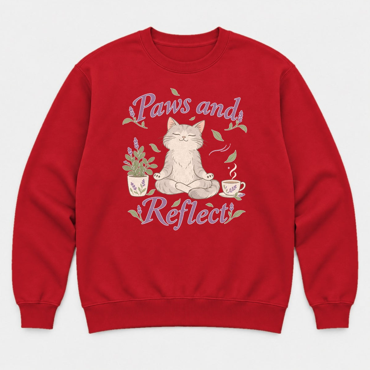 Paws and Reflect Meditating Cat Lavender Graphic T-Shirt & Sweatshirt - Sweatshirt Red Front