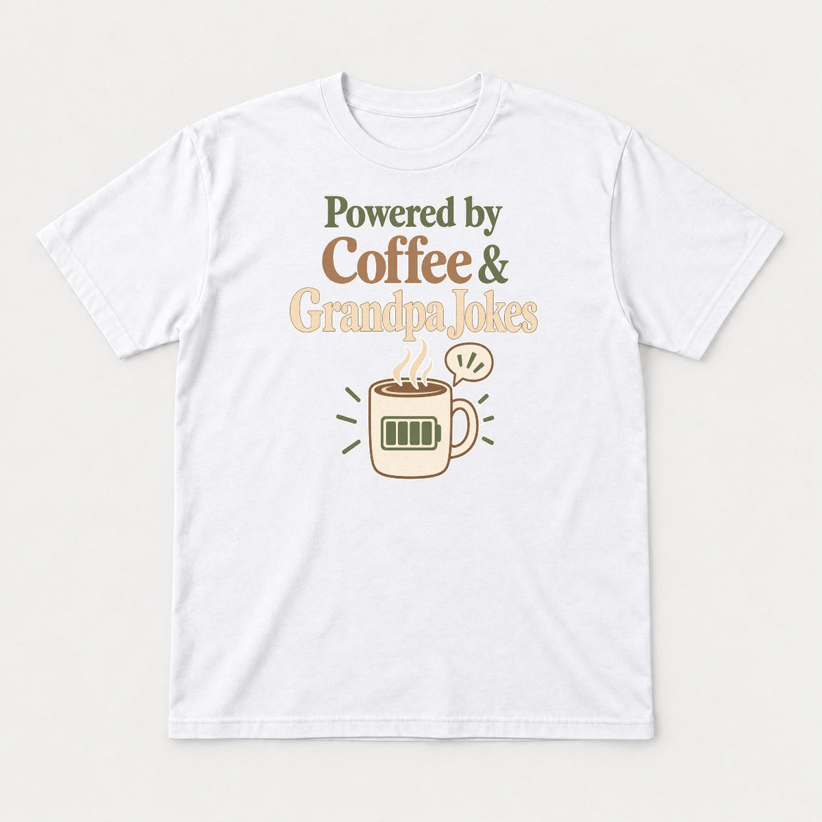 Powered by Coffee & Grandpa Jokes Retro Coffee Mug Graphic T-Shirt & Sweatshirt - Tshirt White Front