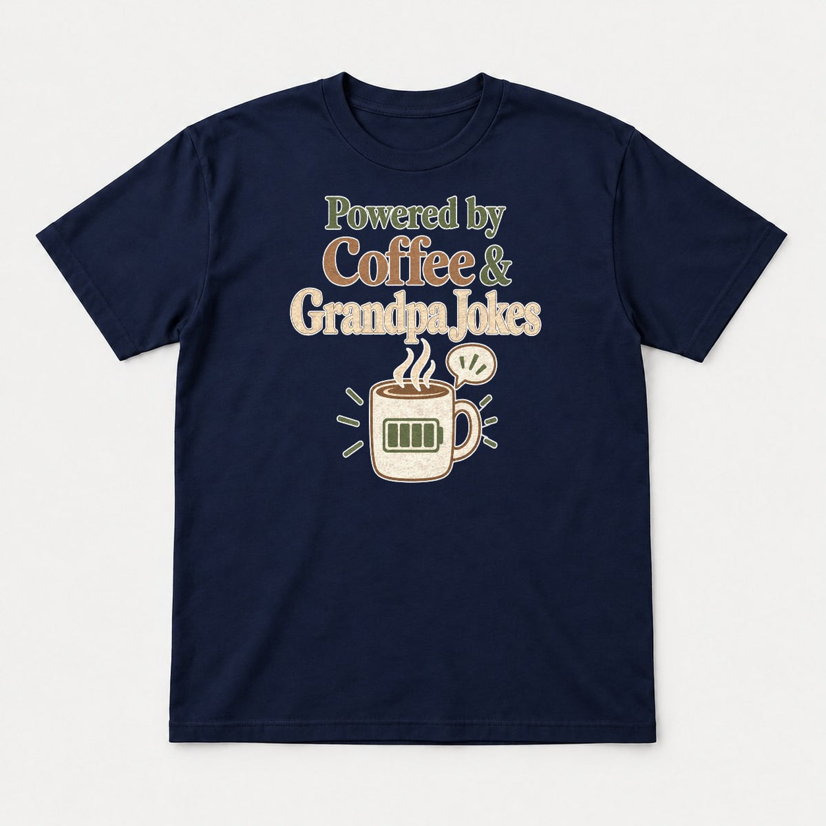 Powered by Coffee & Grandpa Jokes Retro Coffee Mug Graphic T-Shirt & Sweatshirt - Tshirt Navy Front