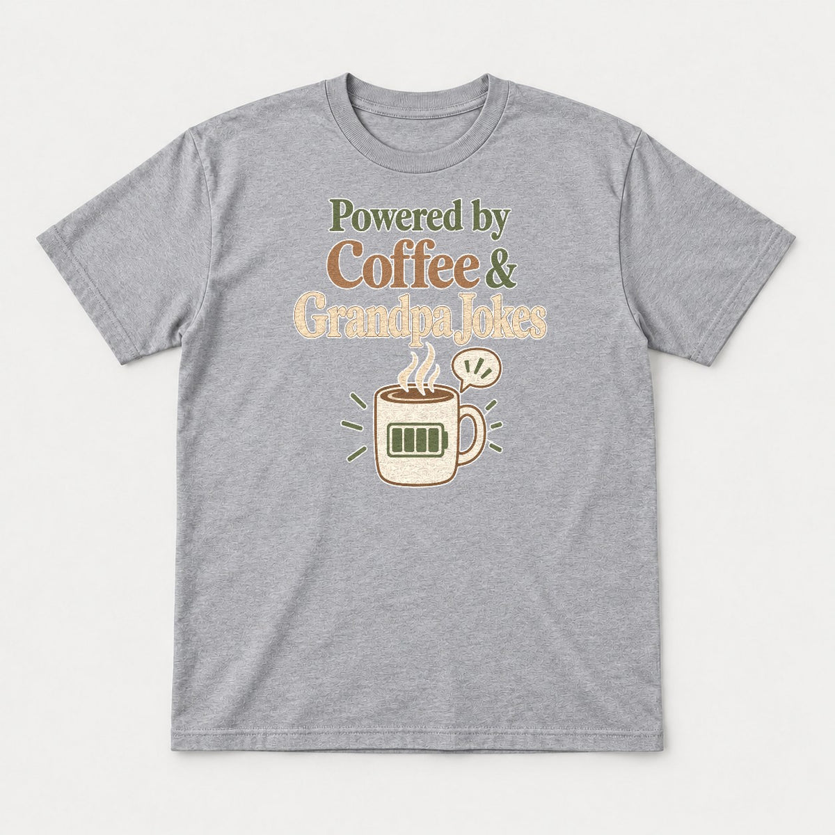Powered by Coffee & Grandpa Jokes Retro Coffee Mug Graphic T-Shirt & Sweatshirt - Tshirt Sport Grey Front