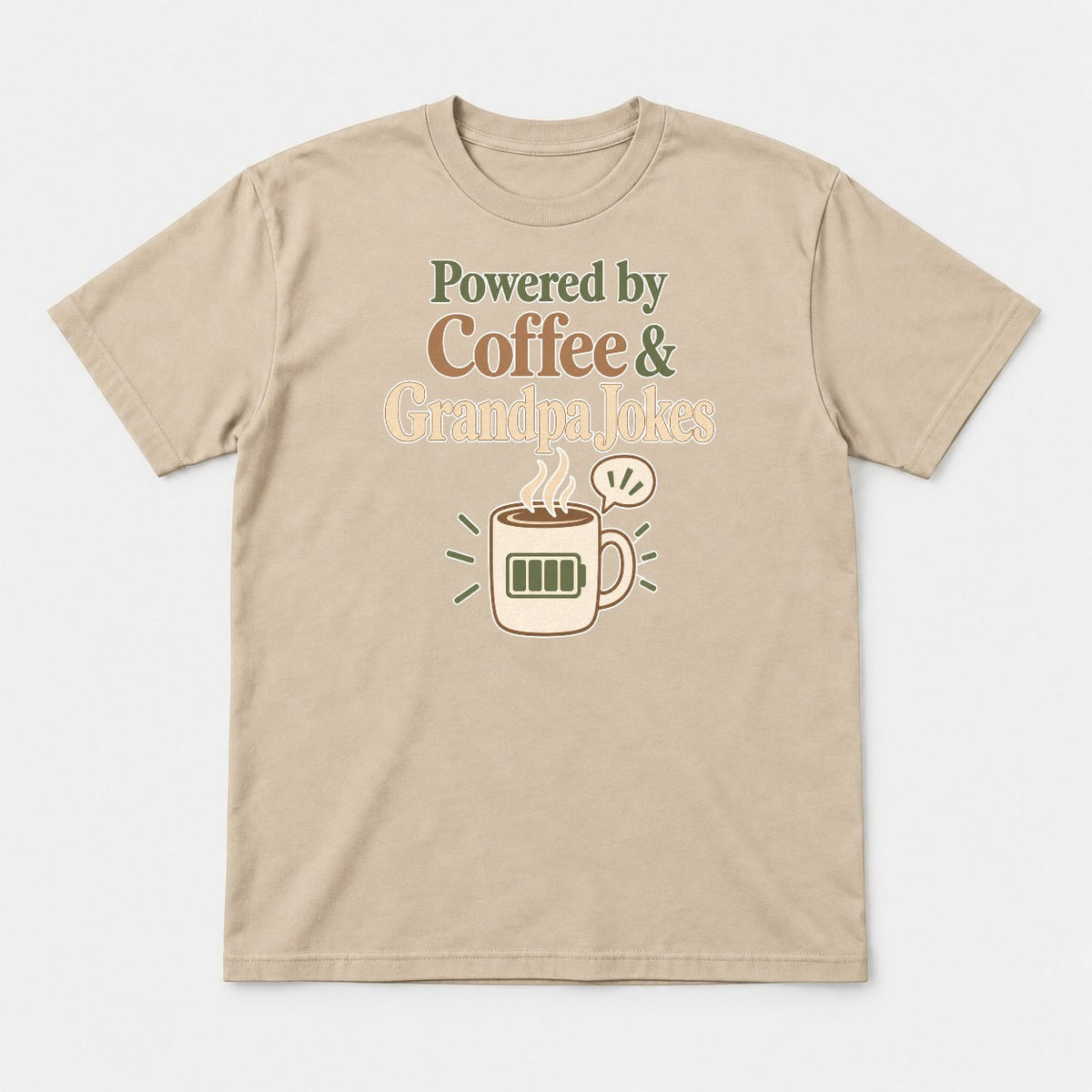 Powered by Coffee & Grandpa Jokes Retro Coffee Mug Graphic T-Shirt & Sweatshirt - Tshirt Sand Front