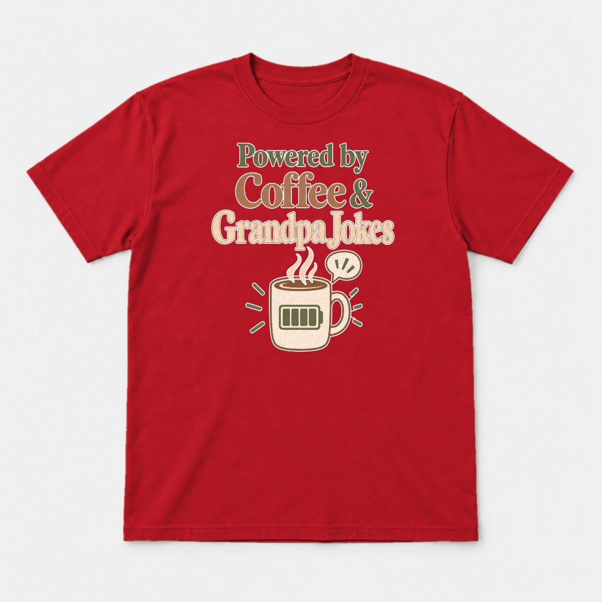 Powered by Coffee & Grandpa Jokes Retro Coffee Mug Graphic T-Shirt & Sweatshirt - Tshirt Red Front