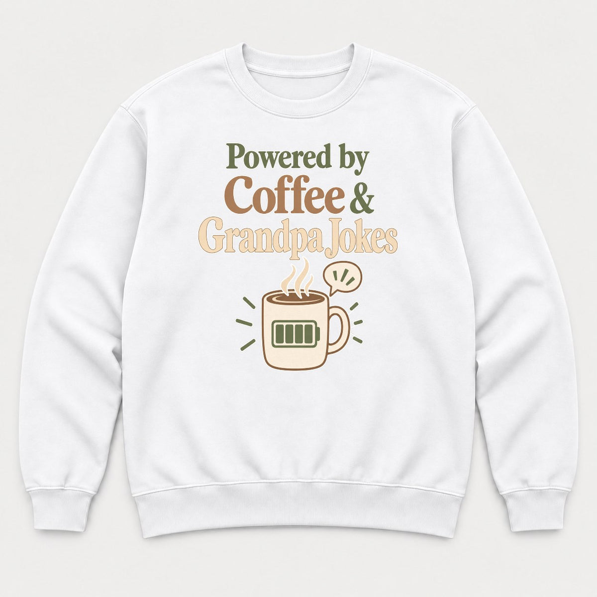 Powered by Coffee & Grandpa Jokes Retro Coffee Mug Graphic T-Shirt & Sweatshirt - Sweatshirt White Front