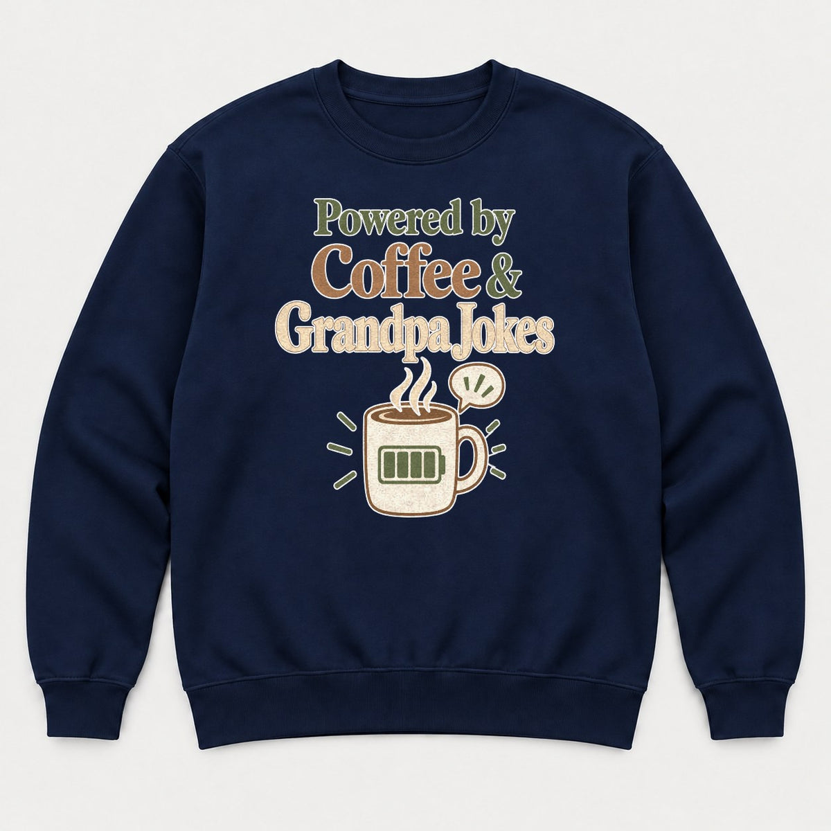 Powered by Coffee & Grandpa Jokes Retro Coffee Mug Graphic T-Shirt & Sweatshirt - Sweatshirt Navy Front