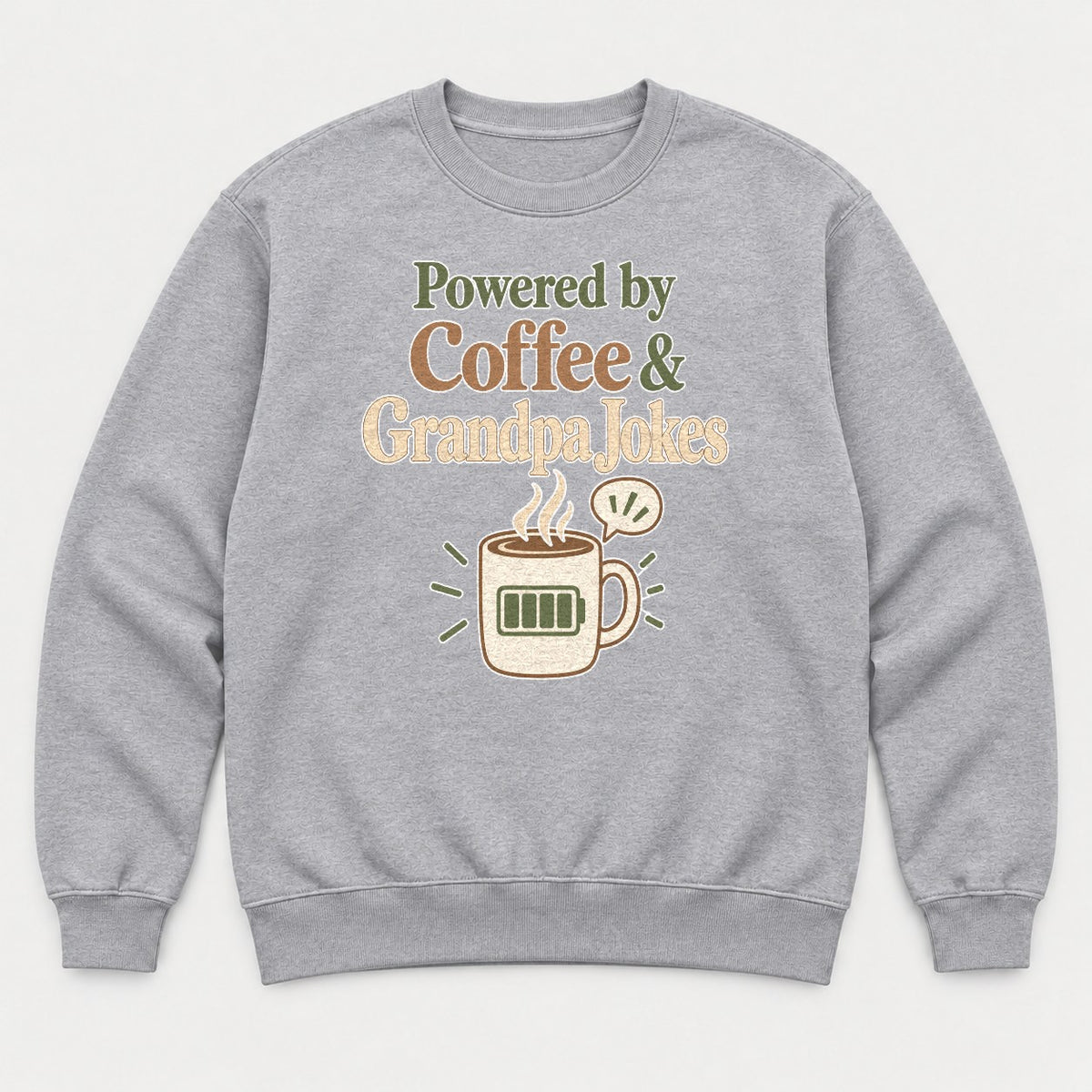Powered by Coffee & Grandpa Jokes Retro Coffee Mug Graphic T-Shirt & Sweatshirt - Sweatshirt Sport Grey Front
