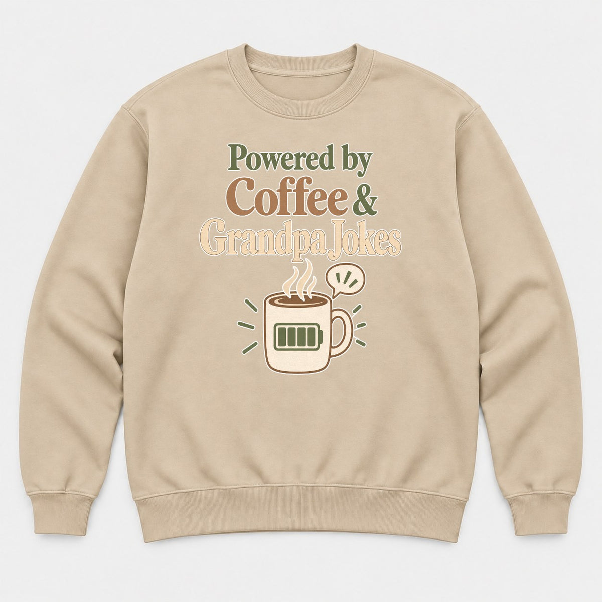 Powered by Coffee & Grandpa Jokes Retro Coffee Mug Graphic T-Shirt & Sweatshirt - Sweatshirt Sand Front