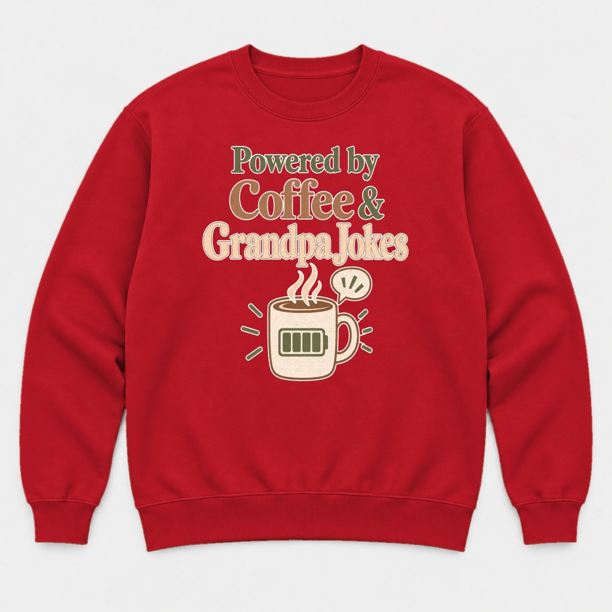 Powered by Coffee & Grandpa Jokes Retro Coffee Mug Graphic T-Shirt & Sweatshirt - Sweatshirt Red Front