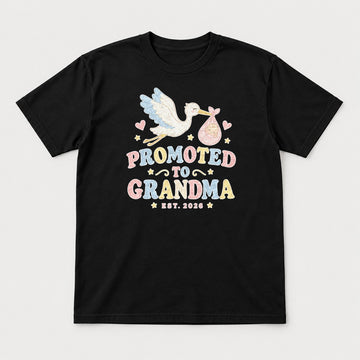 Promoted to Grandma Est. 2026 Retro Stork Baby Graphic T-Shirt & Sweatshirt - Tshirt Black Front
