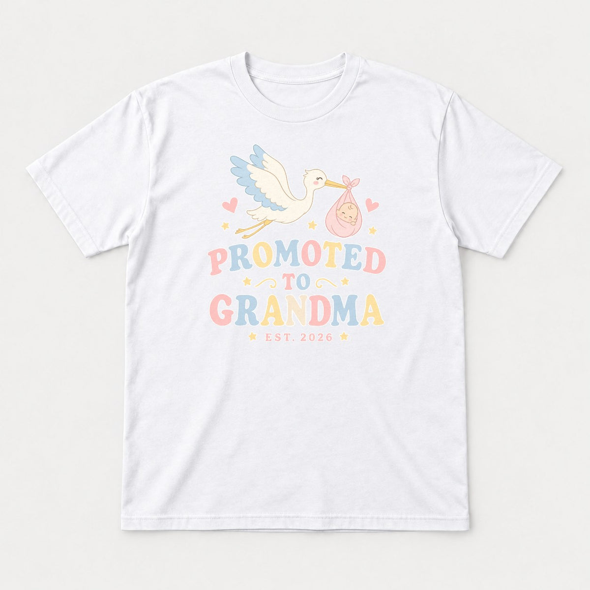 Promoted to Grandma Est. 2026 Retro Stork Baby Graphic T-Shirt & Sweatshirt - Tshirt White Front