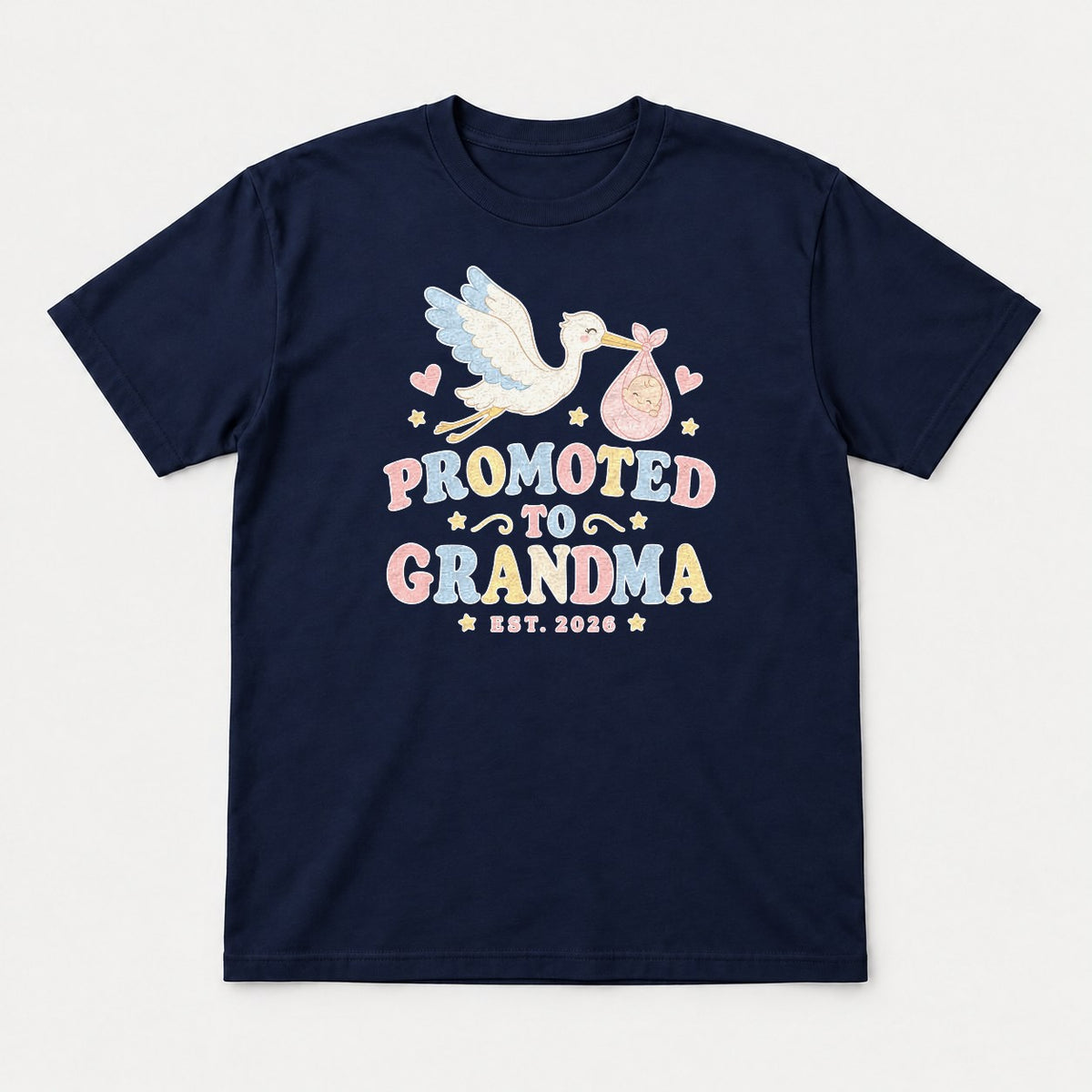 Promoted to Grandma Est. 2026 Retro Stork Baby Graphic T-Shirt & Sweatshirt - Tshirt Navy Front