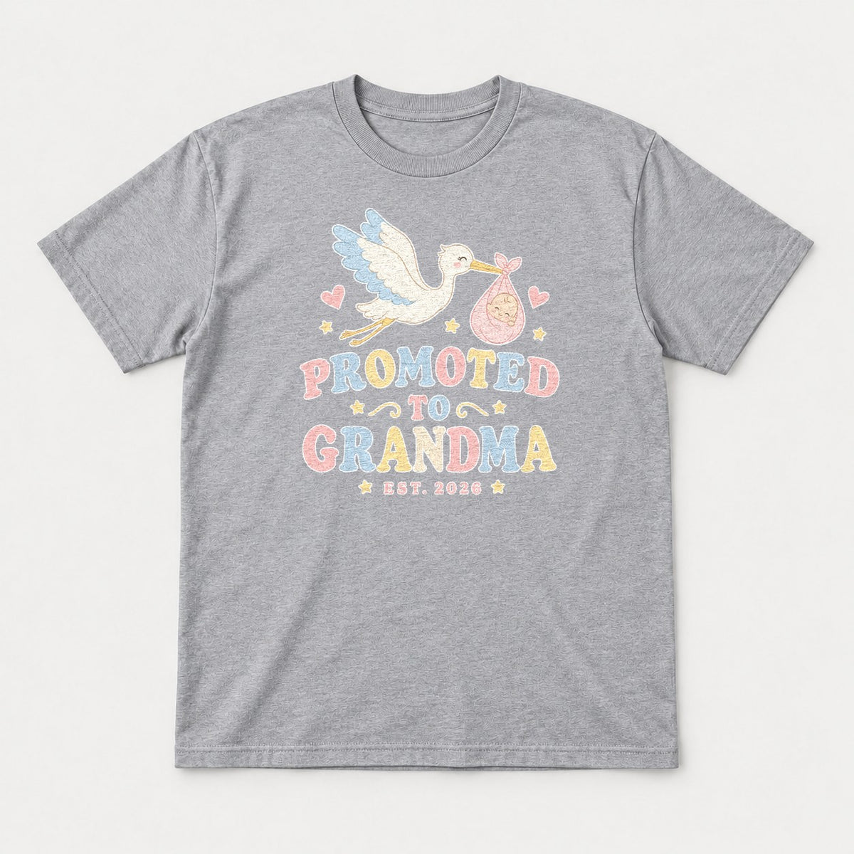 Promoted to Grandma Est. 2026 Retro Stork Baby Graphic T-Shirt & Sweatshirt - Tshirt Sport Grey Front