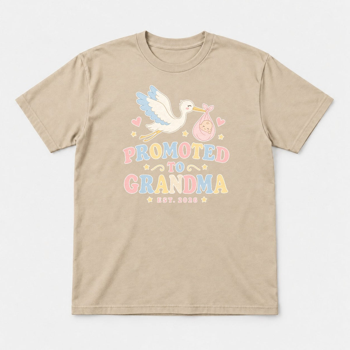 Promoted to Grandma Est. 2026 Retro Stork Baby Graphic T-Shirt & Sweatshirt - Tshirt Sand Front